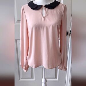 Blush Colored Blouse with Black Peter Pan Collar